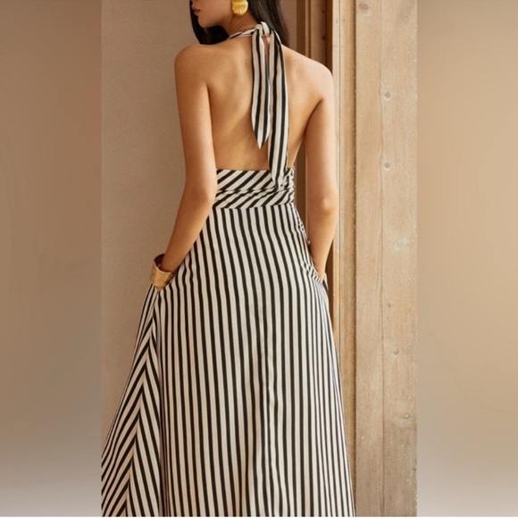 NWT Commense Black and White Halter Striped Maxi Dress - Picture 2 of 4